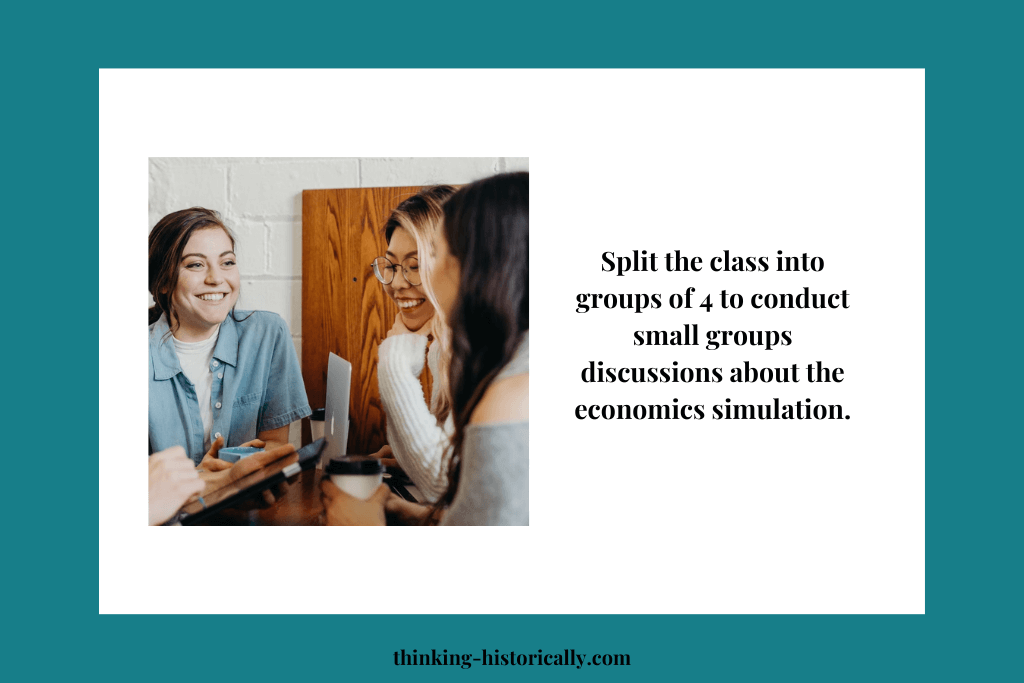 Image with text that explains that teachers should split the class into groups of 4 for small group discussion to debrief the intro to econ simulation. 