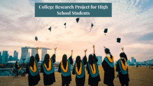 An image of students throwing up their cap and gowns with text that says "College Research project for high school students."