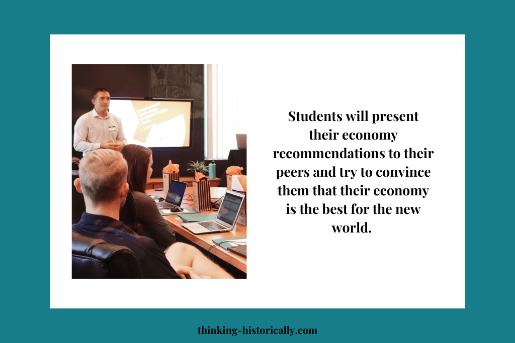 An image of a person giving a presentation with text that says, "Students will present their economy presentation to their peers and try to convince them that their economy is the best for the new world."