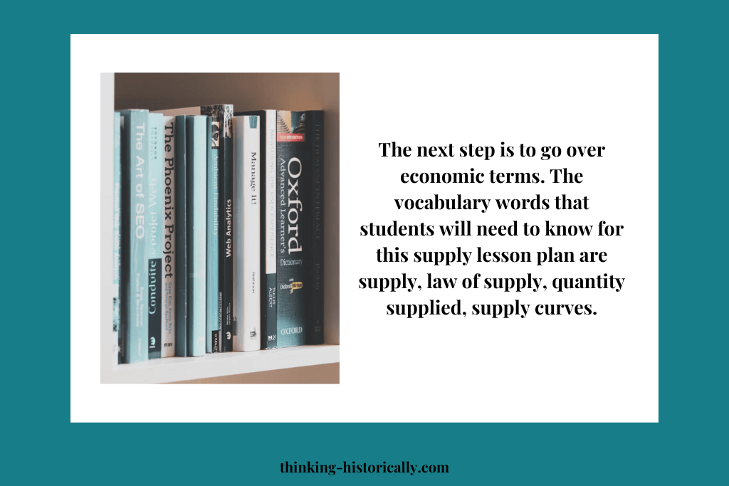 A picture of a dictionary with text that says, "The next step is to go over economic terms. The vocabulary words that students will need to know for this supply lesson play are supply, law of supply, quantity supplied, and supply curves."