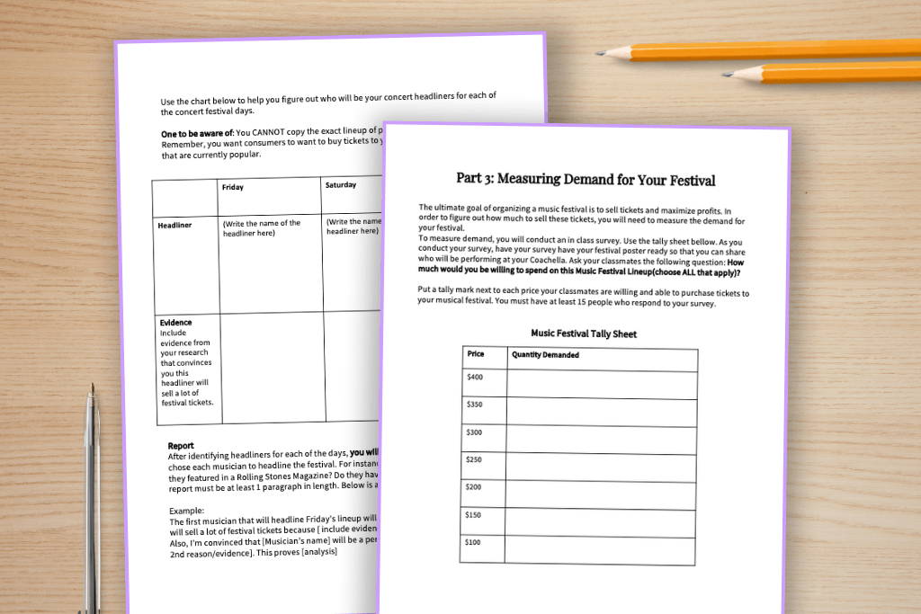 Student survey tally sheet from a supply and demand project where high school economics students collect data on music festival ticket demand.