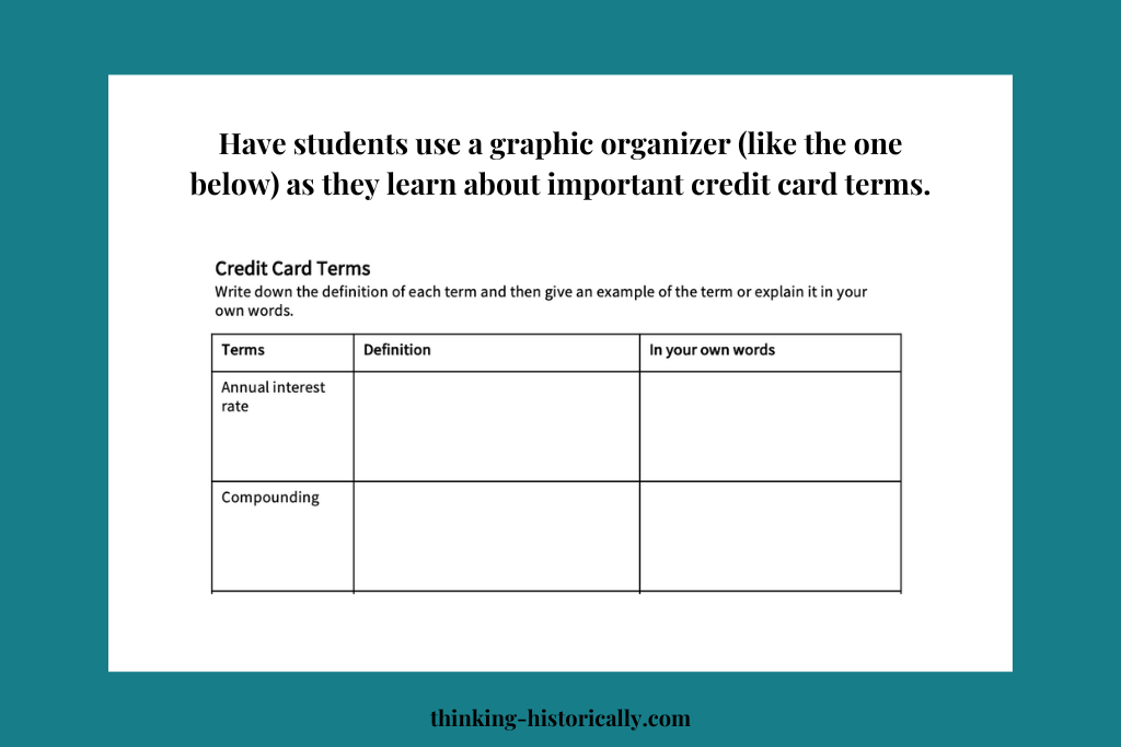 An image of a graphic organizer with text that says, "have students use a graphic organizer (like the one below) as they learn about important credit card terms."