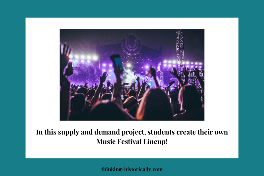 Image of a concert with text that says, "In this supply and demand project, students create their own Music Festival Lineup!"