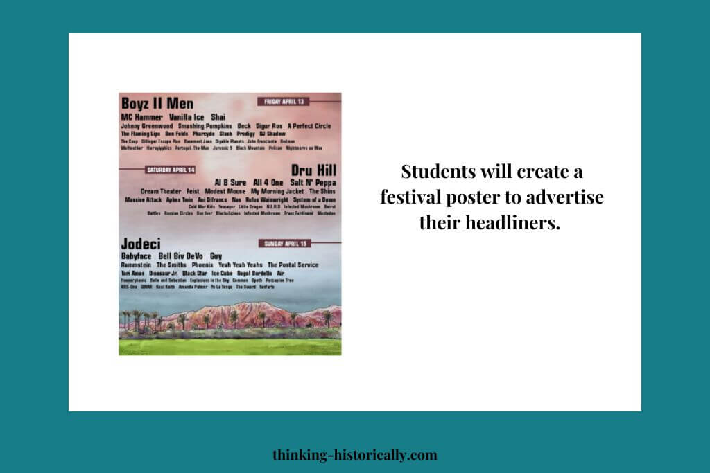 An image of a music festival poster with text that says "students will create a festival poster to advertise their headliners."