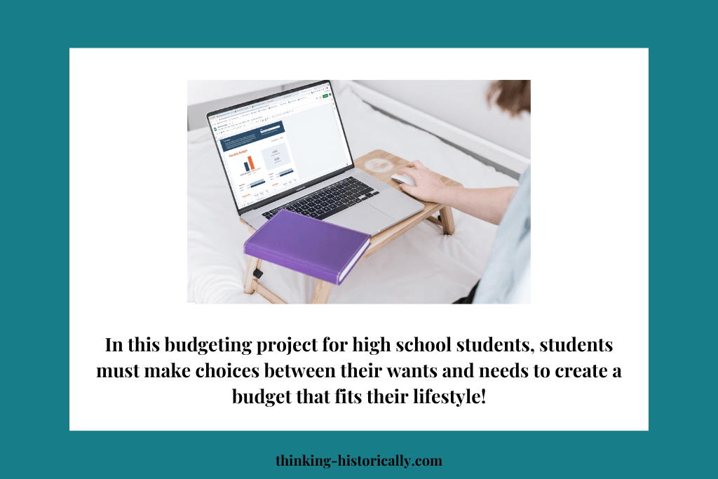 An image with text that says, "In this budgeting project for high school students, students must make choices between their wants and their needs to create a budget that fits their lifestyle!"