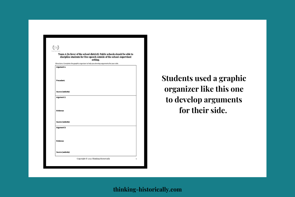 An image of a graphic organizer with text that says, "Students used a graphic organizer like this one to develop arguments for their side."