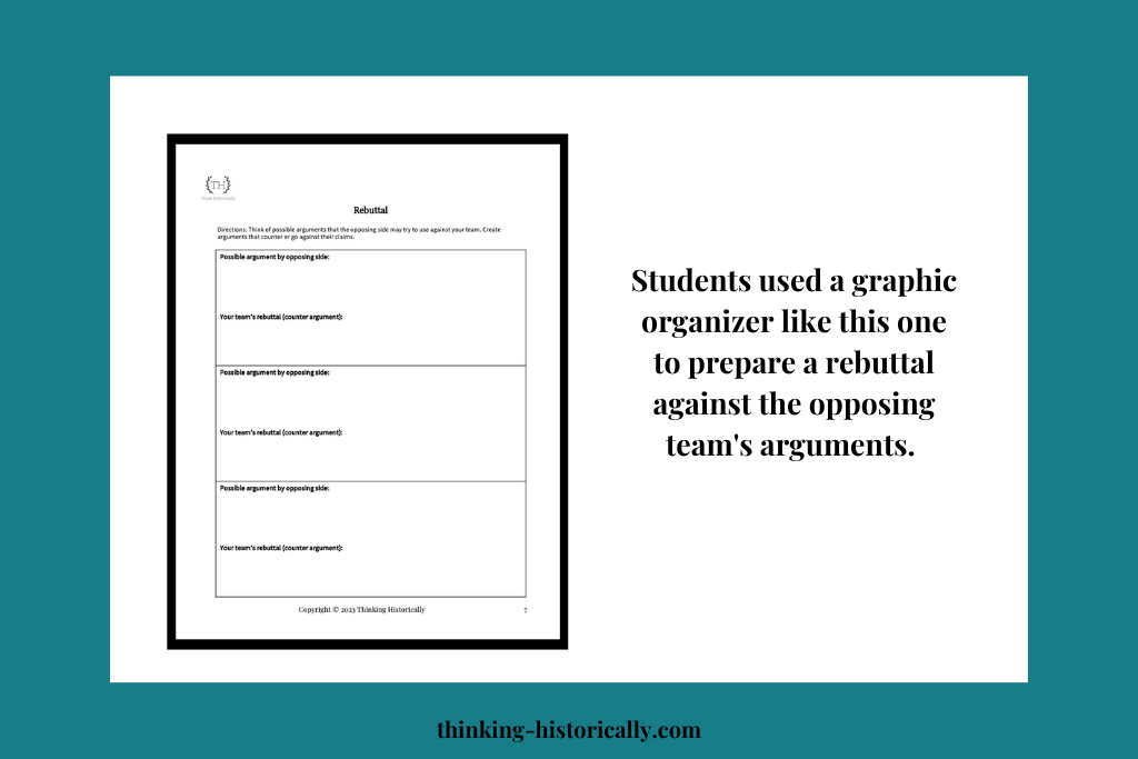 An image of a graphic organizer with text that says, "Students used a graphic organizer like this one to prepare a rebuttal against the opposing team's arguments."