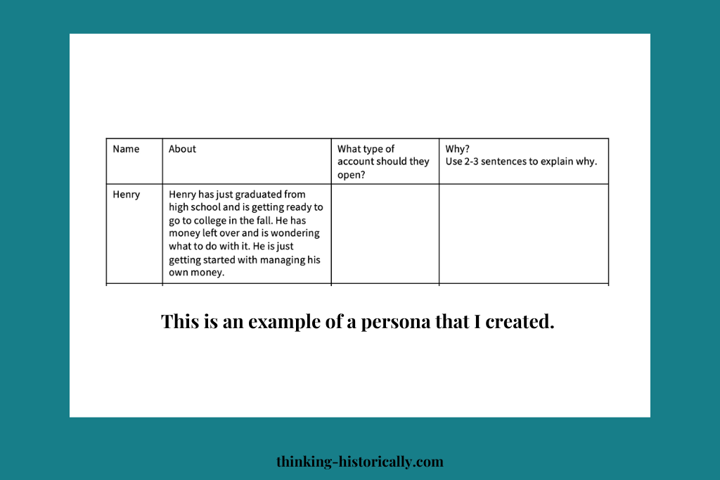An image of a chart with text that says, "This is an example of a persona that I created."