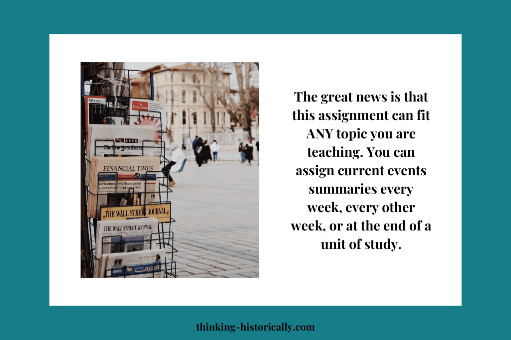 An image of a news stand with text that says, "The great news is that this assignment can fit ANY topic you are teaching. You can assign current <yoastmark class=