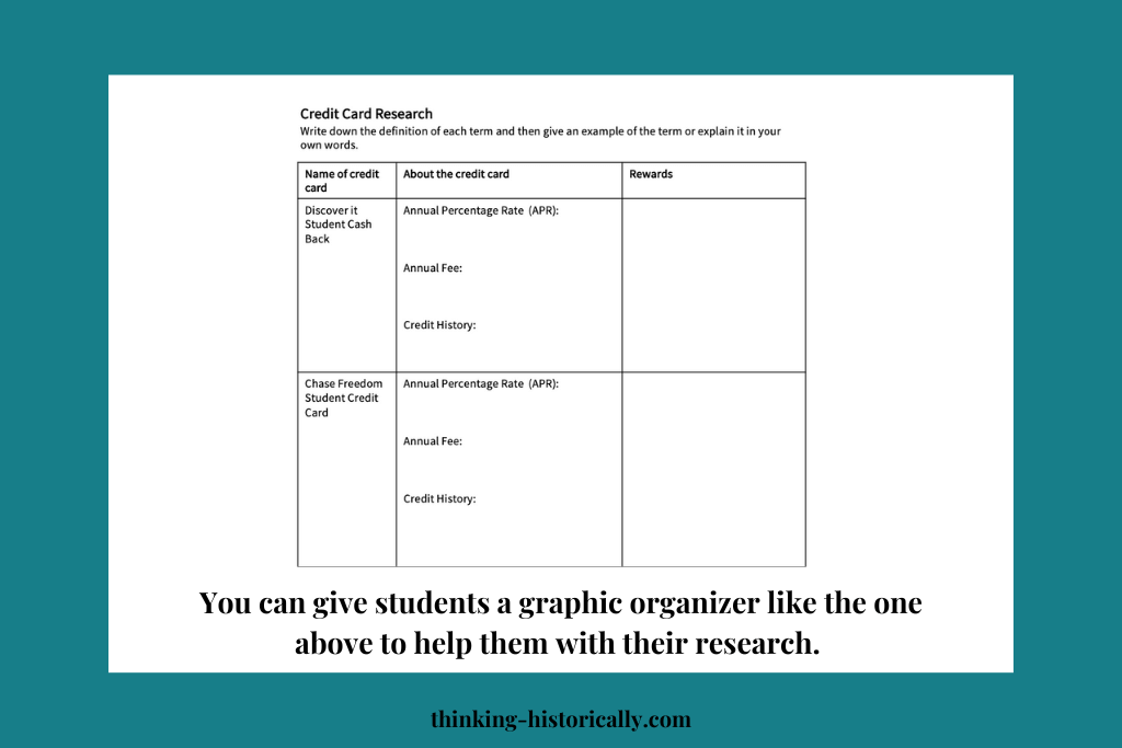 An image of a graphic organizer with different credit cards and text that says, "You can give students a graphic organizer like this to help them with their credit card research."