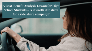 An image of a person driving a car with text that says, "A cost benefit analysis lesson for high school students - is it worth it to drive for a ride share company?