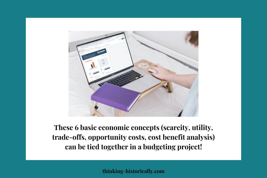 An image of a person using a computer to budget with text that says, "These 6 basic economic concepts (scarcity, utility, trade-offs, opportunity costs, cost benefit analysis) can be tied together in a budgeting project!"
