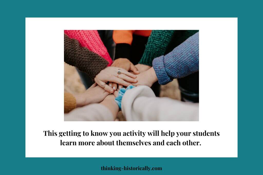 An image of students holding hands with text that says, "This getting to know you activity will help your students learn more about themselves and each other."