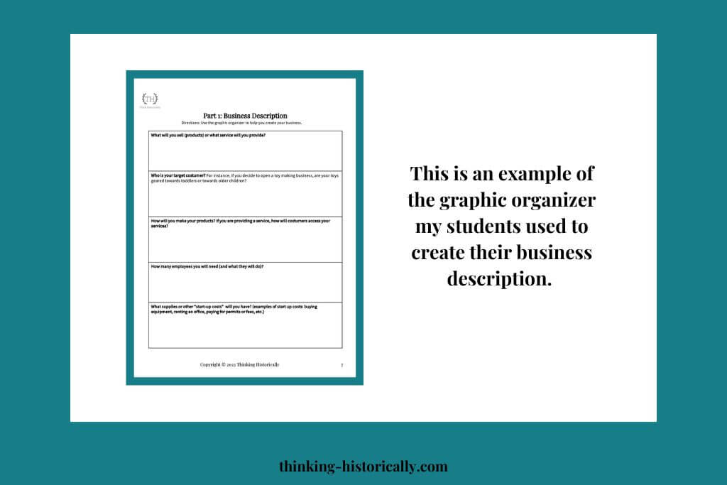 An image of a graphic organizer with text that says, "This is an example of the graphic organizer my students used to create their business description."