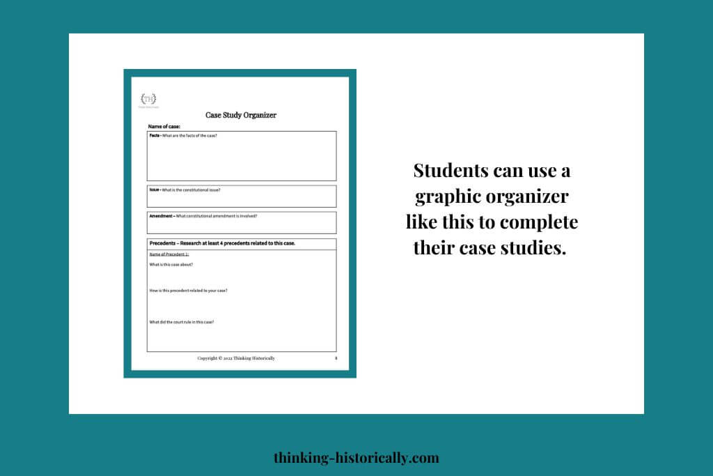 An image of a graphic organizer with text that says, "Students can use a graphic organizer like this to complete their case studies."