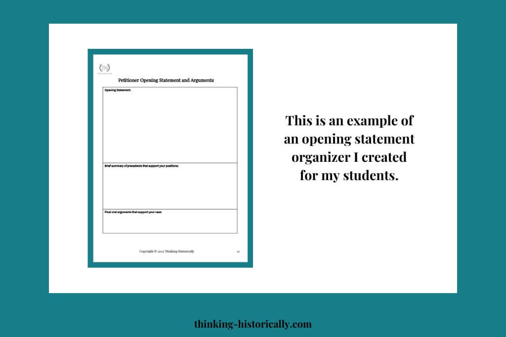 An image of a graphic organizer that students used to prepare for their Supreme Court trial with text that says, "This is an example of an opening statement organizer I created for my students."