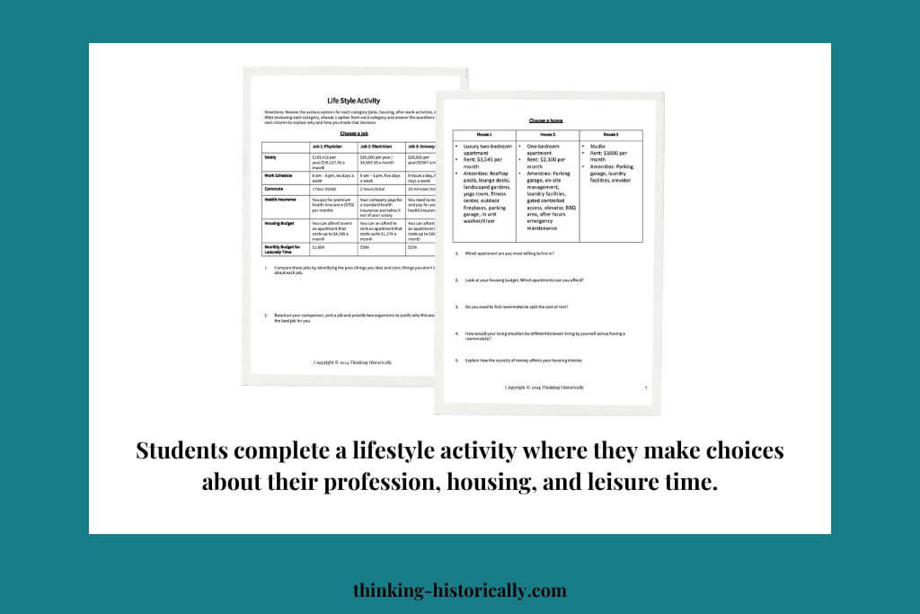 An image of two handouts with text that says, "Students complete a lifestyle activity where they make choices about their profession, housing, and leisure time."