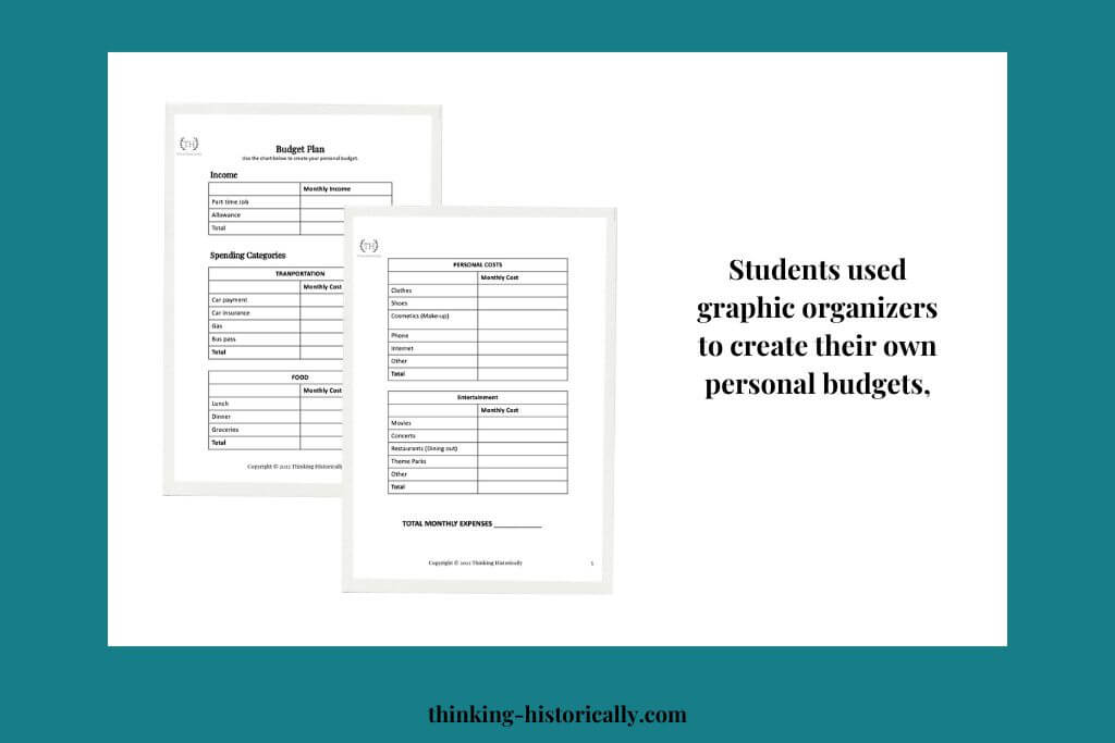 An image of graphic organizers with text that says, "Students used graphic organizers to create their own personal budgets."