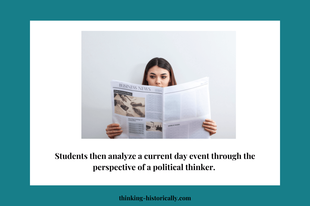 An image of a girl reading a newspapers with text that says, "Students then analyze a current day event through the perspective of a political thinker."