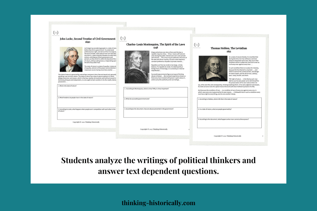 An image of 3primary source documents with text that says, "Students analyze the writings of political thinkers and answer text dependent questions."