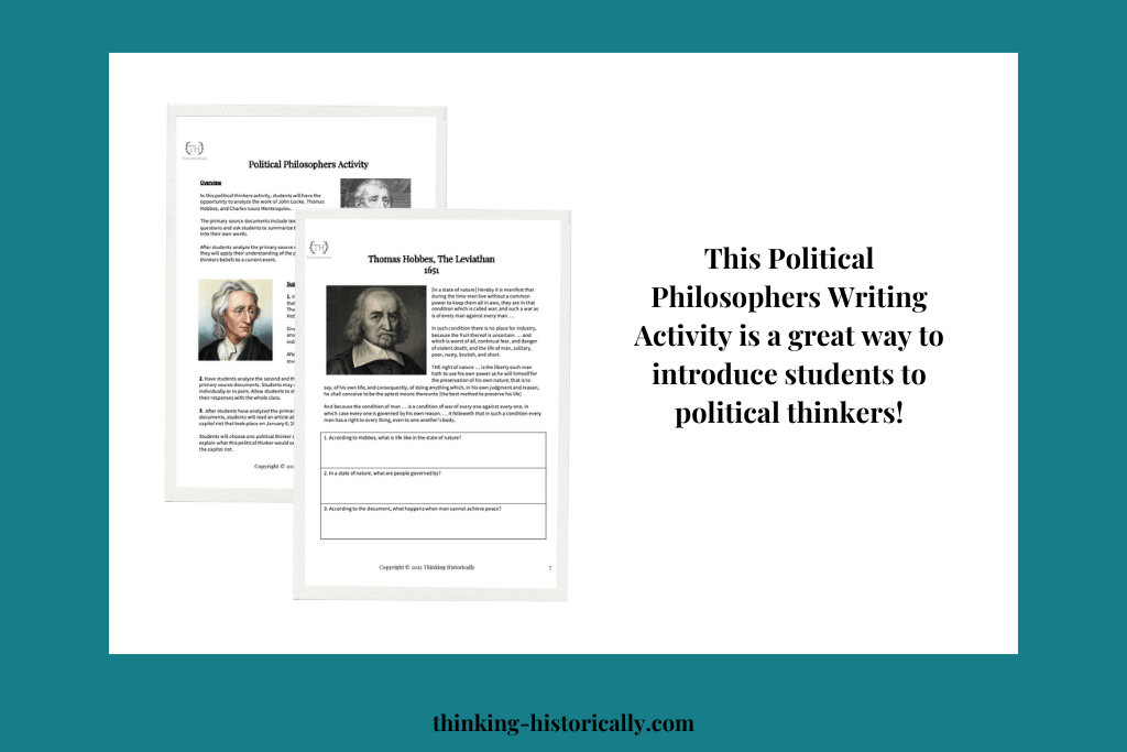 An image of a handout with text that says, "This Political Philosophers Writing Activity is a great way to introduce students to political thinkers!"