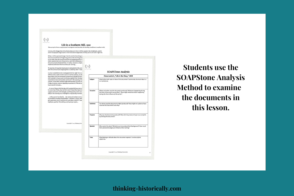 An image of graphic organizers that is used in this Second Industrial Revolution Writing Activity with text that says, "Students use the SOAPStone Analysis Method to examine the documents in this lesson."