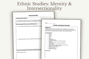 Preview pages from a high school ethnic studies lesson on identity and intersectionality, including an identity wheel activity, reflection questions, and classroom discussion activities.