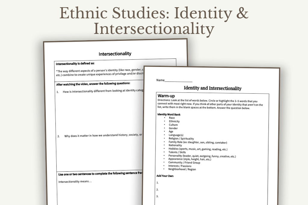 Preview pages from a high school ethnic studies lesson on identity and intersectionality, including an identity wheel activity, reflection questions, and classroom discussion activities.