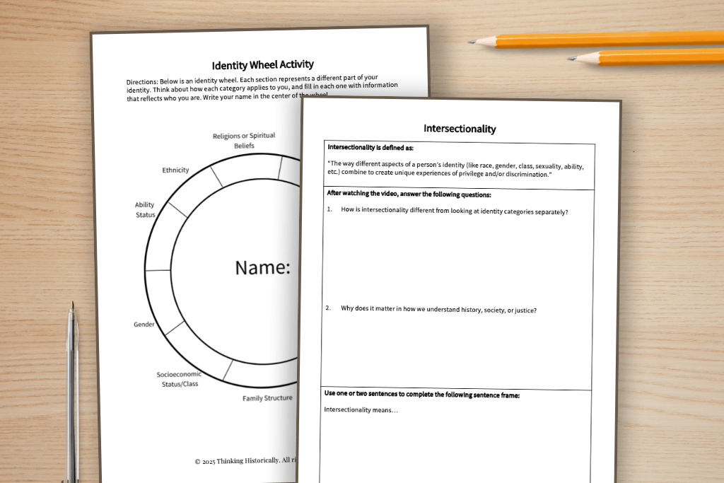 Student worksheets from a high school identity and intersectionality lesson featuring reflection activities, scenario analysis, and critical thinking questions for ethnic studies students.