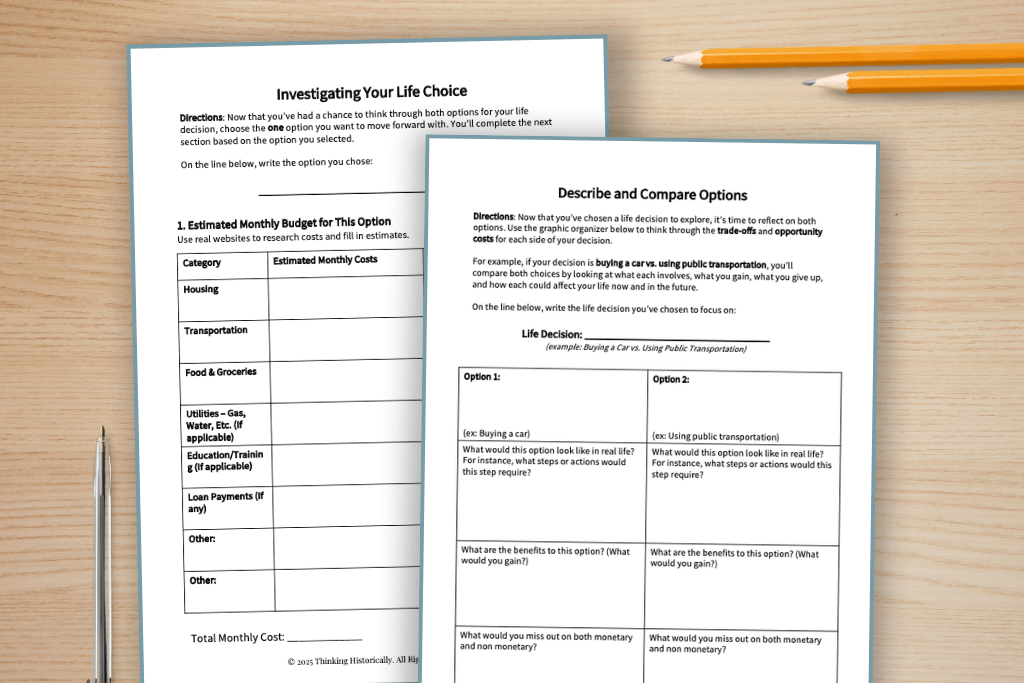 High school economics student worksheet showing directions for a life decisions and opportunity cost project focused on trade-offs and decision-making.