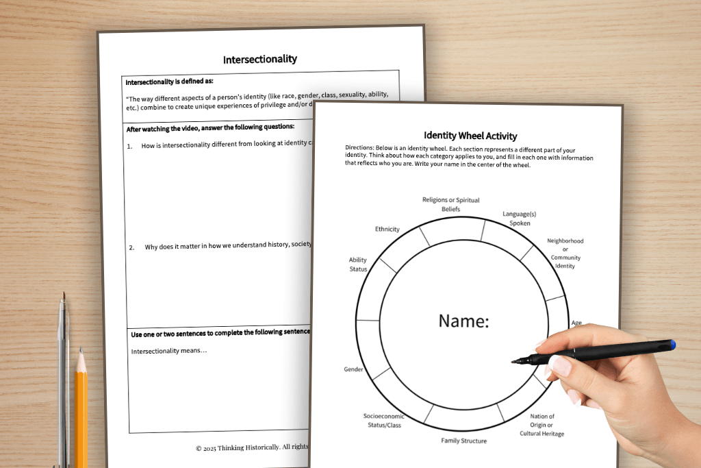 Printable worksheets from a high school ethnic studies lesson on identity and intersectionality featuring student reflection prompts, identity activities, and scenario-based discussion questions.