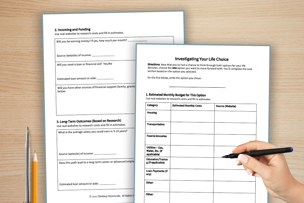 High school economics student worksheet preview showing a life decisions and opportunity cost activity with graphic organizers and choice comparisons.